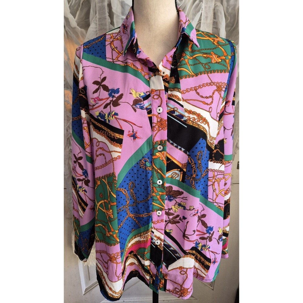 NWT Women Blouse Shirt Pink Multicolor Chain Floral Relaxed Fit Gorgeous